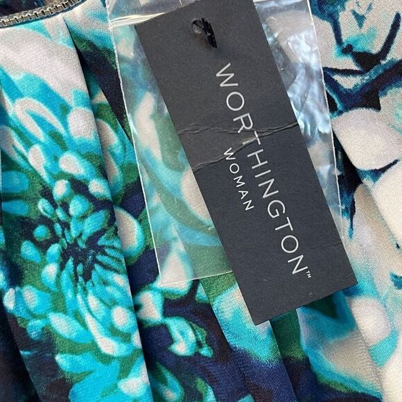 NWT WORTHINGTON Tank Top Women's 1X Blue Green Floral Sleeveless Pleated Keyhole - Picture 6 of 14